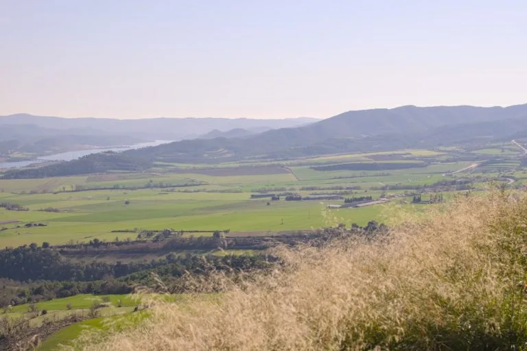 Green fields and distant mountains under a clear sky