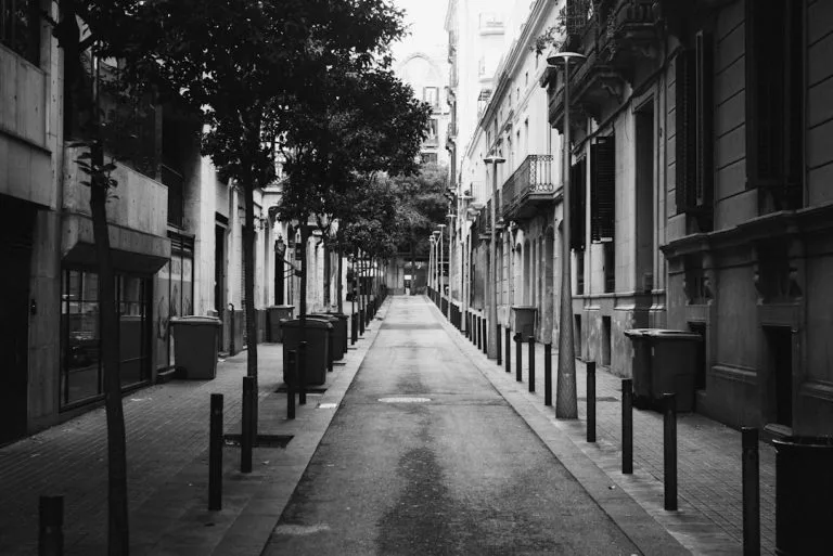Narrow street lined with buildings and trees