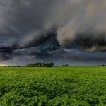 A dark storm cloud looming over a vast green field of crops